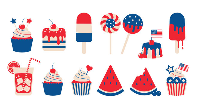 Patriotic food icon collection. Includes cupcakes, lollipop, popsicle, watermelon, soda, ice cream. Created in colorful style with red, white, and blue palette.