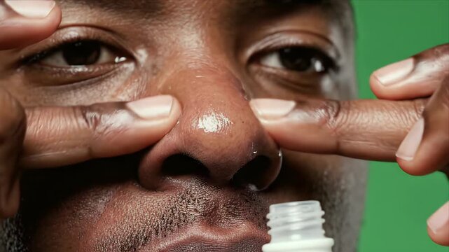 Close-up on Dark Skin Man's Face Applying Nasal Drops with a Small White Bottle, Isolated on Green Screen Background