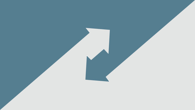 two opposite diagonal arrows on split blue and grey background for exchange transfer logistics finance technology or bidirectional communication brand identity 