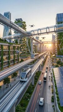 Futuristic cityscape with flying cars and elevated transit systems under golden sunset