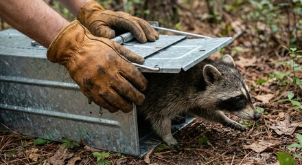 Raccoon caught in live trap being handled by person wearing gloves in wooded area for relocation