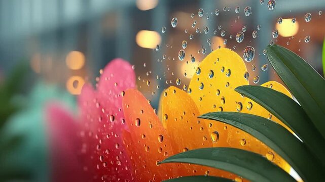 Vivid Floral Raindrops: A close-up shot capturing vibrant colorful petals with glistening raindrops, showcasing the interplay of nature's beauty and atmospheric elements.