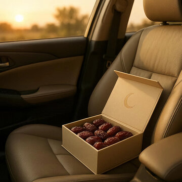 A box of dates in a car, a perfect adobe pics for a special occasion, symbolizing luxury and tradition