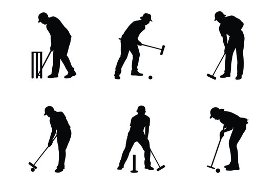 Man playing croquet silhouettes with wickets and mallet