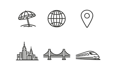 Naklejka premium A collection of six minimalist black line icons on a white background featuring a beach umbrella, a globe, a map pin, a city skyline, a suspension bridge, and a high-speed train.