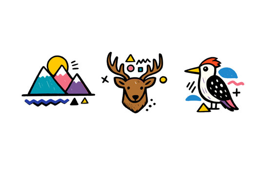 Three colorful illustrations on a black background featuring a mountain landscape with a sun, a deer head with antlers, and a woodpecker bird surrounded by geometric shapes.