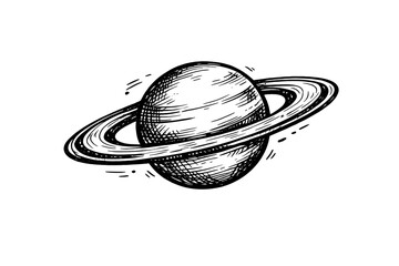 A black and white hand-drawn sketch of the planet Saturn with its iconic rings, featuring detailed cross-hatching and shading against a solid black background of deep space. © Mark