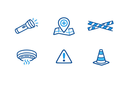 A set of six blue emergency and safety icons including a flashlight, medical map location, caution tape, smoke detector, warning triangle, and a traffic cone on a dark background.