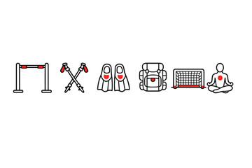 A collection of six minimalist sports and outdoor activity icons featuring a pull-up bar, trekking poles, flippers, a backpack, a soccer goal, and a person in a yoga pose on a black background. © Mark