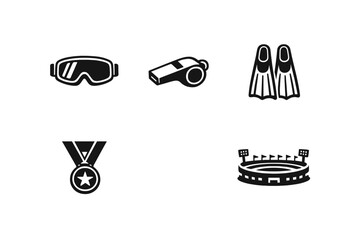 A set of five white minimalist icons on a black background featuring sports and swimming gear such as goggles, a whistle, flippers, a star medal, and an athletic stadium. © Mark
