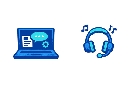 This blue graphic shows a laptop with a chat bubble and gear icon alongside a headset with music notes. It symbolizes digital communication, technical support, and audio entertainment.