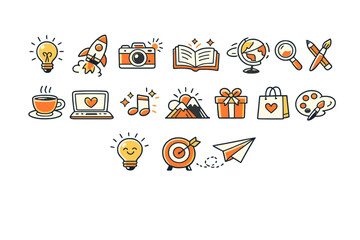 A collection of seventeen stylized icons featuring various themes like creativity, travel, and technology, all designed in a consistent orange and white color scheme on a black background. © icon_art