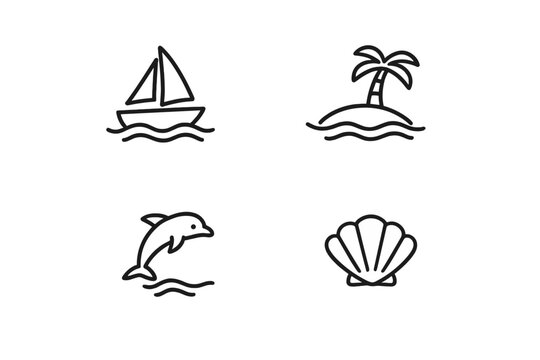 A set of four minimalist white line art icons on a black background featuring a sailboat, a tropical island with a palm tree, a jumping dolphin, and a seashell.
