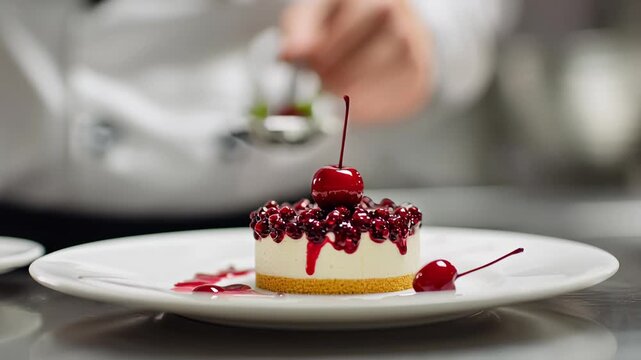 Chef Decorating a Gourmet Cherry Cheesecake with Fresh Berries and Sauce