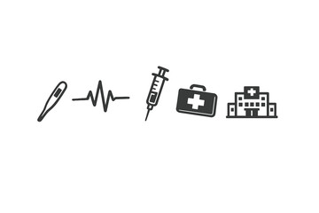 A set of five medical icons including a thermometer, heartbeat line, syringe, first aid kit, and hospital building, displayed in a horizontal row on a black background.