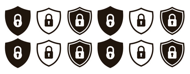 Security lock and unlock icon set, privacy protection symbols with check mark and cross mark, shield defense and safety concept, black and white outline and solid vector graphics, modern digital secur © welcome  saiful
