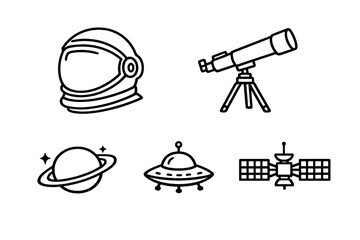 A collection of five minimalist space-themed icons featuring an astronaut helmet, a telescope, a ringed planet, a flying saucer, and a satellite in a simple white line art style on black. © icon_art