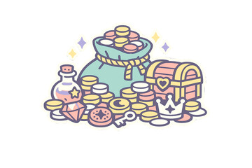 A cute pastel illustration of a treasure hoard featuring a bag of gold coins, a small treasure chest with a heart, a magic potion bottle, a crown, a key, and a sparkling gemstone. © icon_art