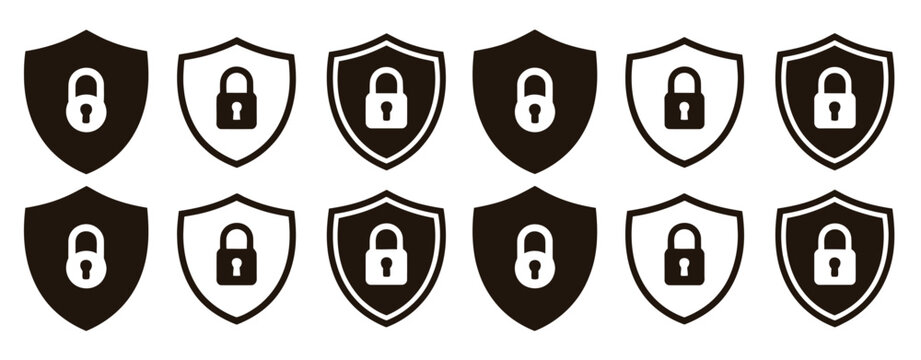 Security lock and unlock icon set, privacy protection symbols with check mark and cross mark, shield defense and safety concept, black and white outline and solid vector graphics, modern digital secur