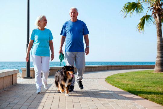 Senior Caucasian woman and senior Caucasian man walking dog along seaside promenade, both smiling and looking at each other, palm tree and ocean visible in background, casual outdoor activity