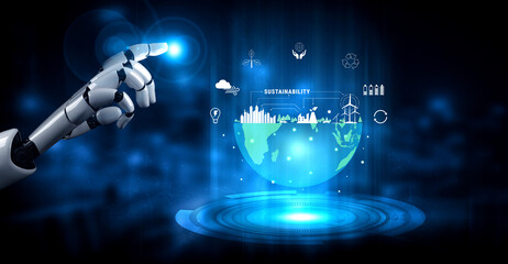 Obraz premium The concept of using AI for sustainability and green energy management. An AI vision for a smart city with renewable resources and a clean ecosystem. Motif