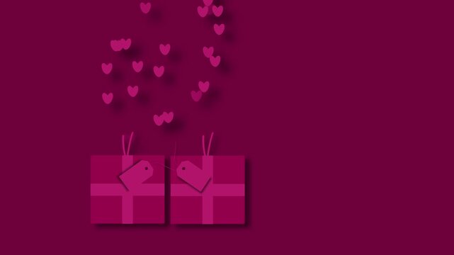 Pink Valentine gift boxes with floating hearts pattern red background 