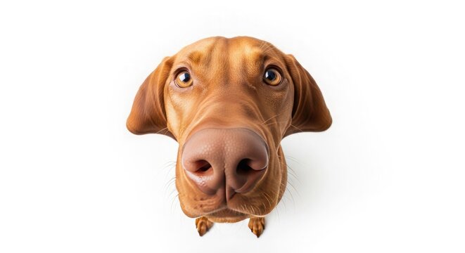 A curious dog peers directly upward with wide eyes and a noticeable whisker on its snout standard scale.