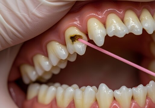 Close up view of dental decay on a molar tooth in human mouth