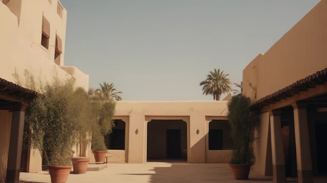 Courtyard architecture featuring sunlit buildings with traditional elements and palm trees, creating a peaceful and serene environment in a warm, arid location