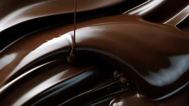 A thick stream of dark melted chocolate flows smoothly onto a glossy surface, forming viscous waves and appetizing swirls next to solid cocoa crumbs
