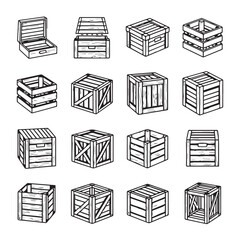 Collection of Wooden Crates and BoxesVarious DesignsLine Art Illustration
