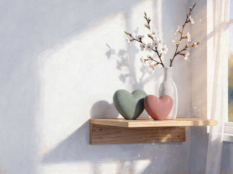A sunlit minimalist shelf with heart ornaments and cherry blossom branches