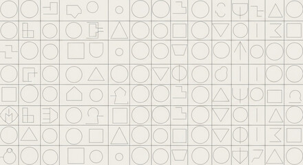 Obraz premium Geometric shapes grid pattern with various circles triangles and squares in a minimalist design on a white background perfect for modern graphic resources