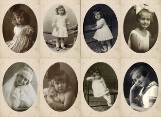 RACCOLTA DI FOTOGRAFIE ANTICHE DI UNA BAMBINA IN POSA ALL'INTERNO DI CORNICI OVALI © blantiag
