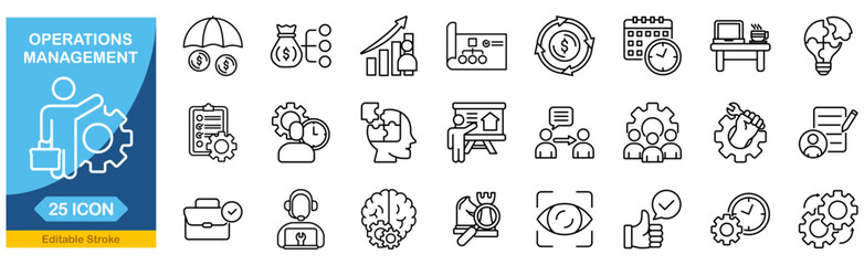 Operations management web icons in line style. maintenance, supply chain, improvement, planning, collection. Editable stroke. Vector illustration.