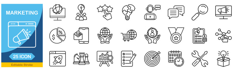 Digital Marketing set of web icons in line style. business, feedback, analytics, ads, communication, content. Editable stroke. Vector illustration.