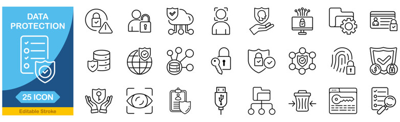 Data protection Web Icon Set in Line Style. privacy, secured, technology, network, personal information and more. Editable stroke. Vector illustration.