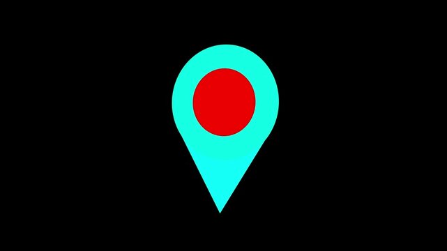 A vibrant cyan and red location pin with a dark background representing a map marker for navigation and geotagging purposes