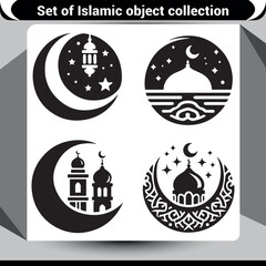 Four Islamic circular motifs with crescent moons, mosques, stars, and ornate patterns © IFTIAR