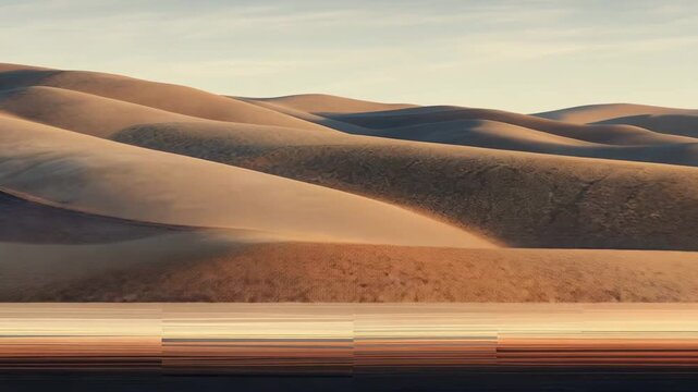 Rolling sand dunes form layered curves beneath a clear sky, with a digitally altered foreground of horizontal color bands and abstract textures for a serene minimalist desert scene
