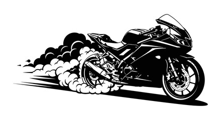 Black and white illustration of a sportbike performing a burnout with tire smoke © Apon