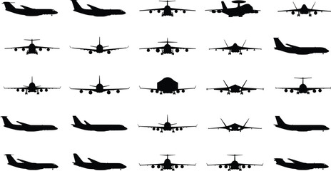 Front view airplane silhouette collection vector set, military and commercial aircraft icons isolated on white background, aviation transport design elements bundle © Munni