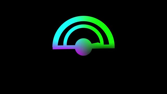 Colorful abstract semi-circular fan shape with a gradient of purple teal and green and a central sphere on a black background representing data or spectrum