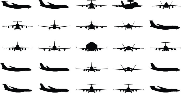 Front view airplane silhouette collection vector set, military and commercial aircraft icons isolated on white background, aviation transport design elements bundle