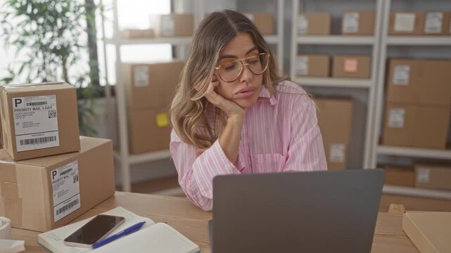 Woman checking stacked shipping boxes and adhesive labels at her desk with laptop, notebook and smartphone in a packing room building; ecommerce small business fatigue.