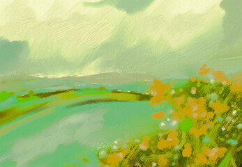 Fototapeta premium Impressionistic Landscape w/Blooming Flowers in Forefront & a River, Lake or Stream, Meadow, Hills & Clouds - Digital Painting, Art, Illustration in Green, Blue, Orange & Gray w/Texture