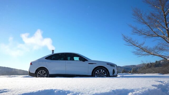 White modern coupe vehicle parked on a pristine snowfield beneath a clear blue sky and rising smoke plume