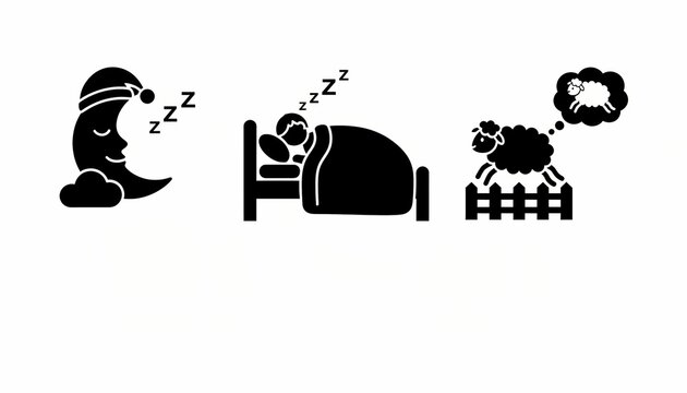 Sleep and dreaming concept icons featuring moon, sleeping person and counting sheep.
