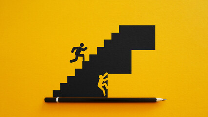 Career inequality concept with two paper cut figures climbing different stairs and wall, unequal opportunities and social inequality, business competition and different paths to success