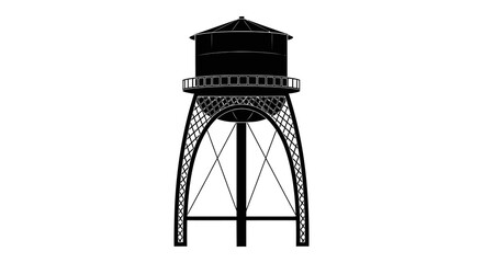 Black and white illustration of a vintage water tower with a lattice support structure